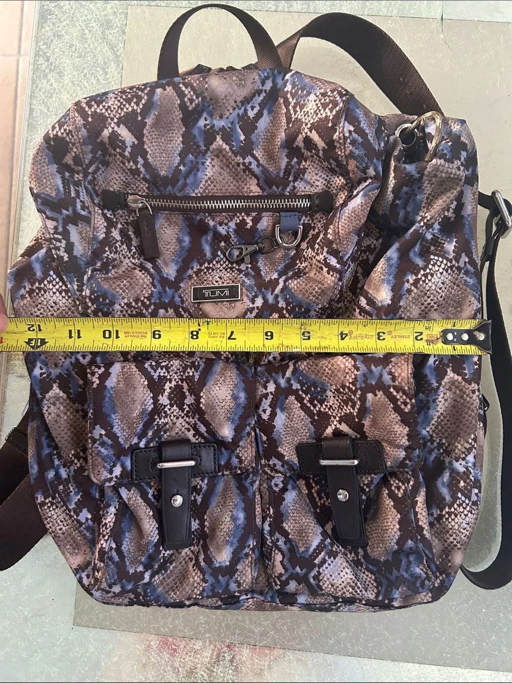 Tumi Snake-Print Backpack in Brown and Blue